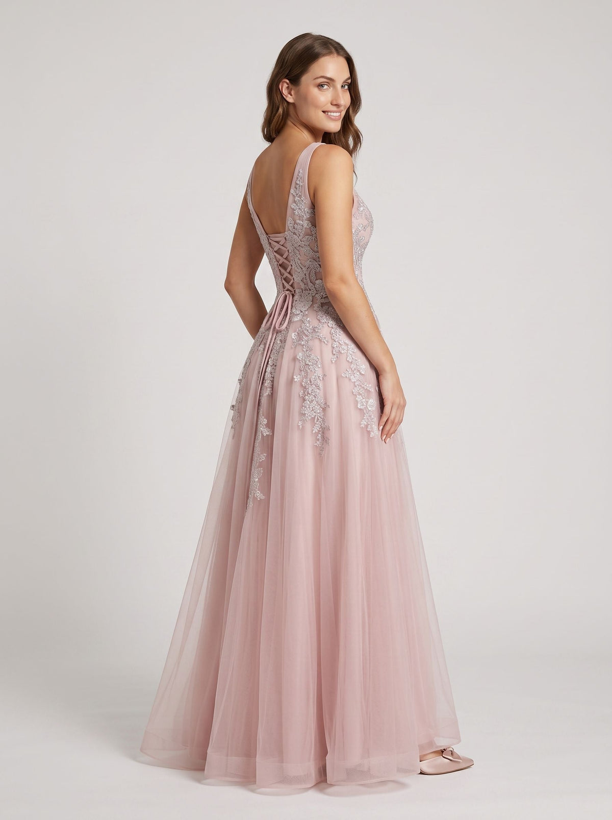 Dusty Rose Tulle A-Line V-Neck Lace-up Floor-Length Dress with Floral Embroidery - Curvevia