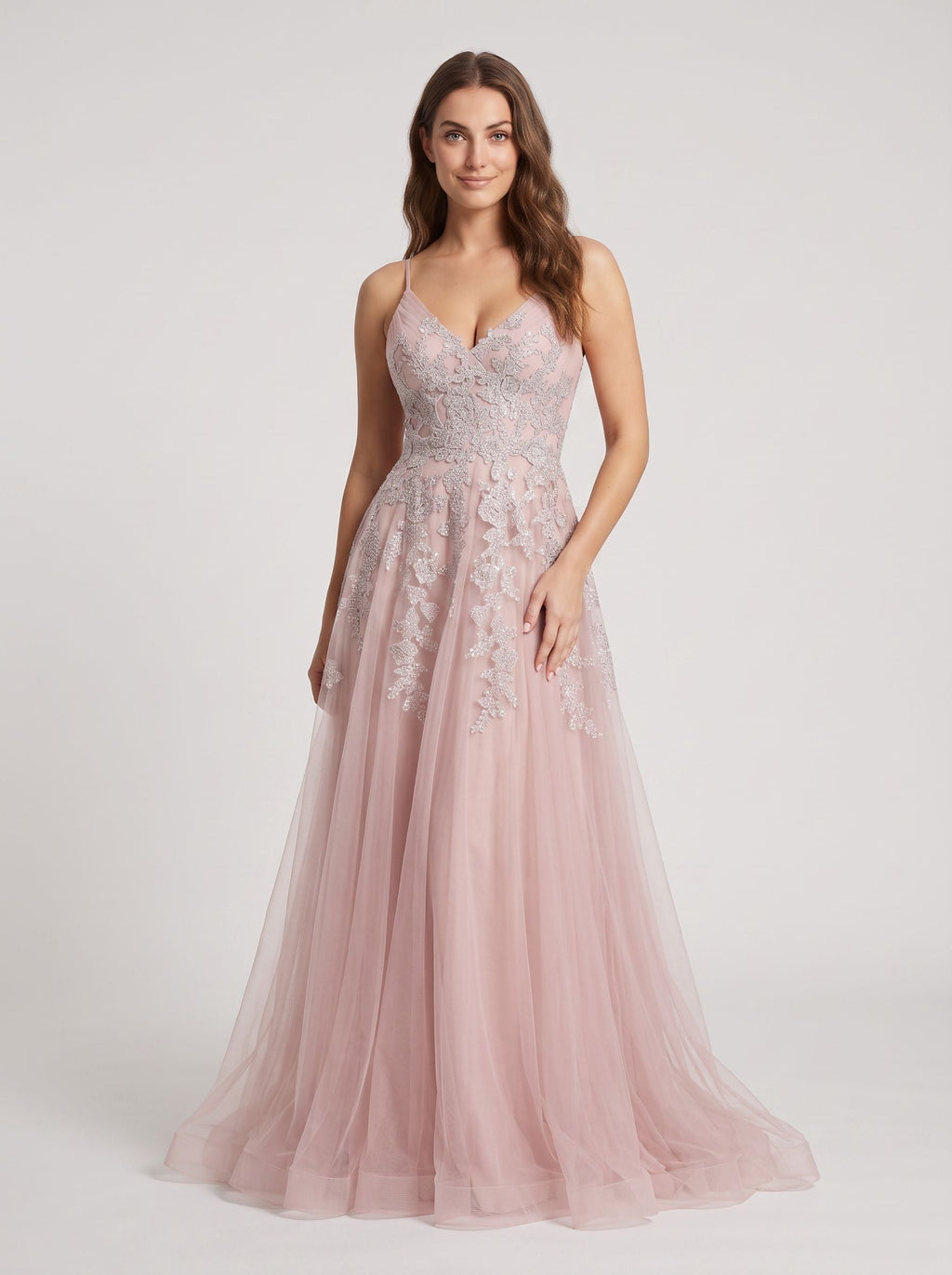 Dusty Rose Tulle A-Line V-Neck Lace-up Floor-Length Dress with Floral Embroidery - Curvevia