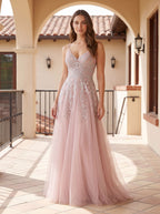 Dusty Rose Tulle A-Line V-Neck Lace-up Floor-Length Dress with Floral Embroidery - Curvevia