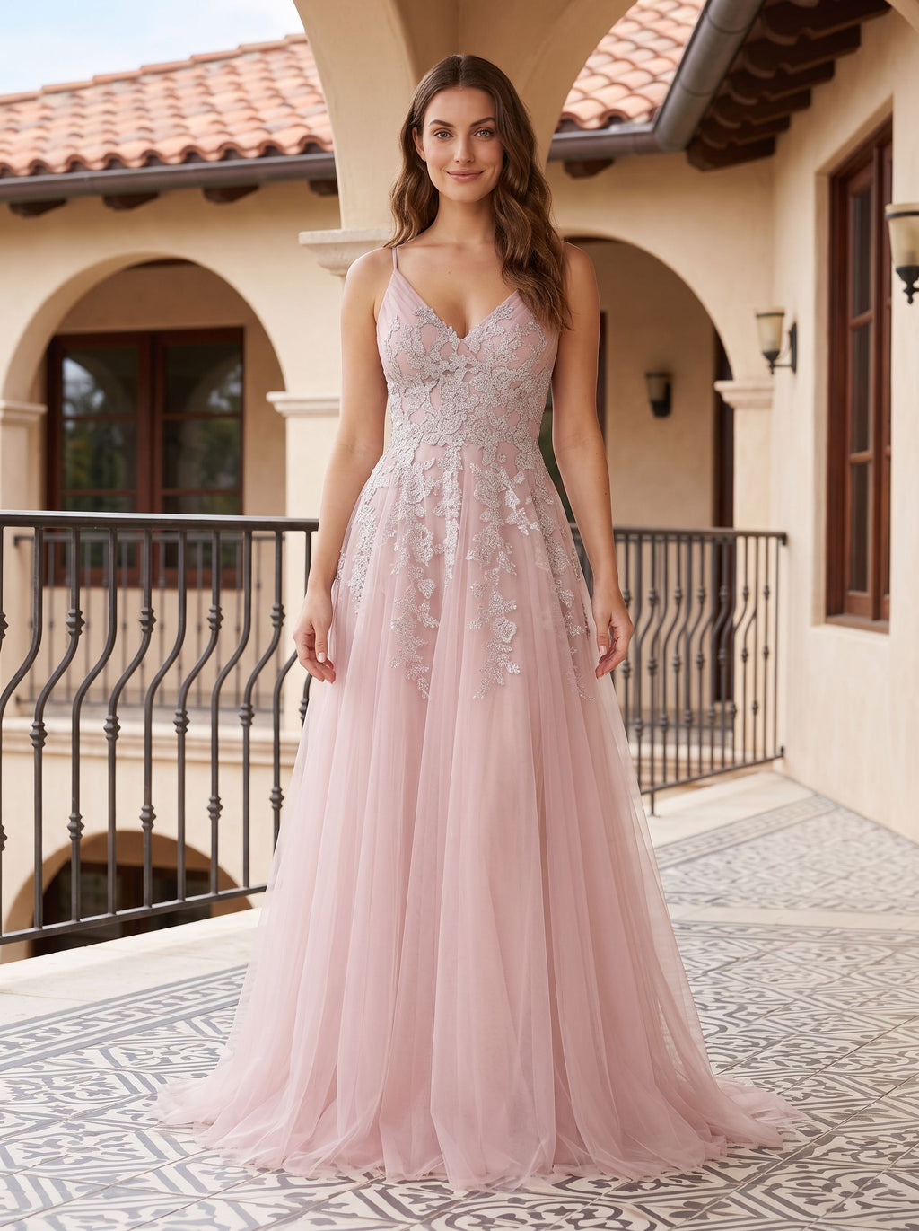 Dusty Rose Tulle A-Line V-Neck Lace-up Floor-Length Dress with Floral Embroidery - Curvevia