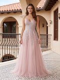Dusty Rose Tulle A-Line V-Neck Lace-up Floor-Length Dress with Floral Embroidery - Curvevia