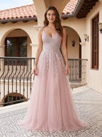 Dusty Rose Tulle A-Line V-Neck Lace-up Floor-Length Dress with Floral Embroidery - Curvevia