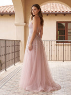 Dusty Rose Tulle A-Line V-Neck Lace-up Floor-Length Dress with Floral Embroidery - Curvevia