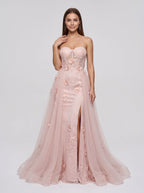 Pink Tulle A-Line Sweetheart Lace-up Floor-Length Dress with sheer embroidered corset bodice - Curvevia