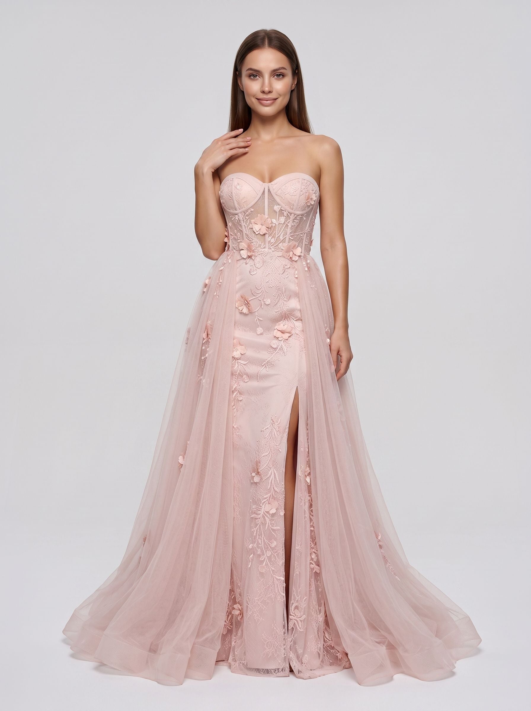 Pink Tulle A-Line Sweetheart Lace-up Floor-Length Dress with sheer embroidered corset bodice - Curvevia