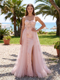 Pink Tulle A-Line Sweetheart Lace-up Floor-Length Dress with sheer embroidered corset bodice - Curvevia