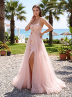Pink Tulle A-Line Sweetheart Lace-up Floor-Length Dress with sheer embroidered corset bodice - Curvevia