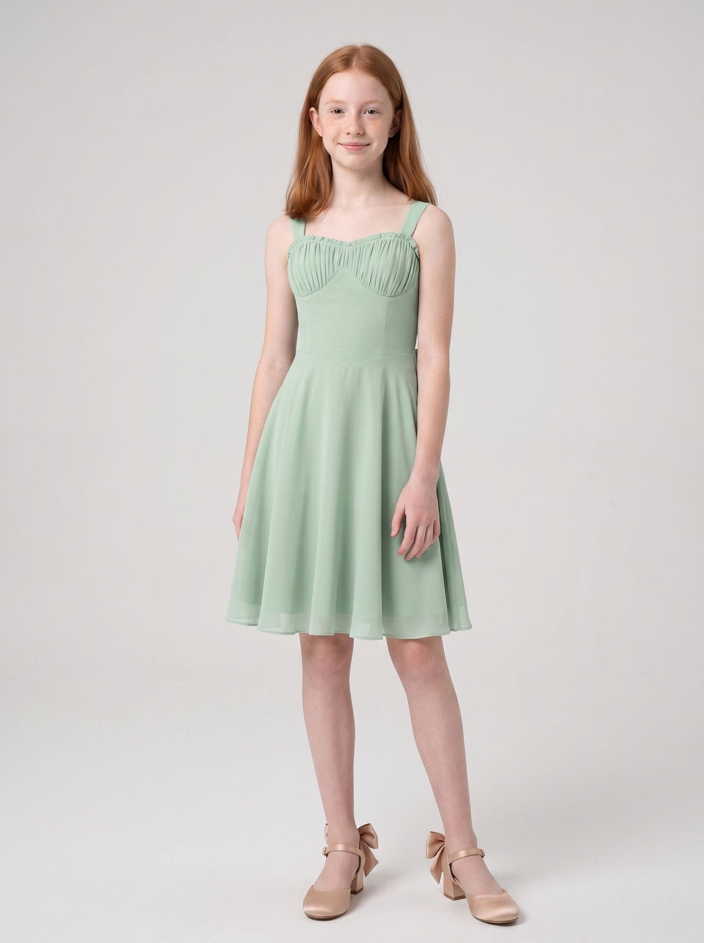 Dusty Sage Chiffon A-Line Straight Neck Bow Short Dress with Ruched Bodice - Curvevia