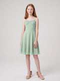 Dusty Sage Chiffon A-Line Straight Neck Bow Short Dress with Ruched Bodice - Curvevia