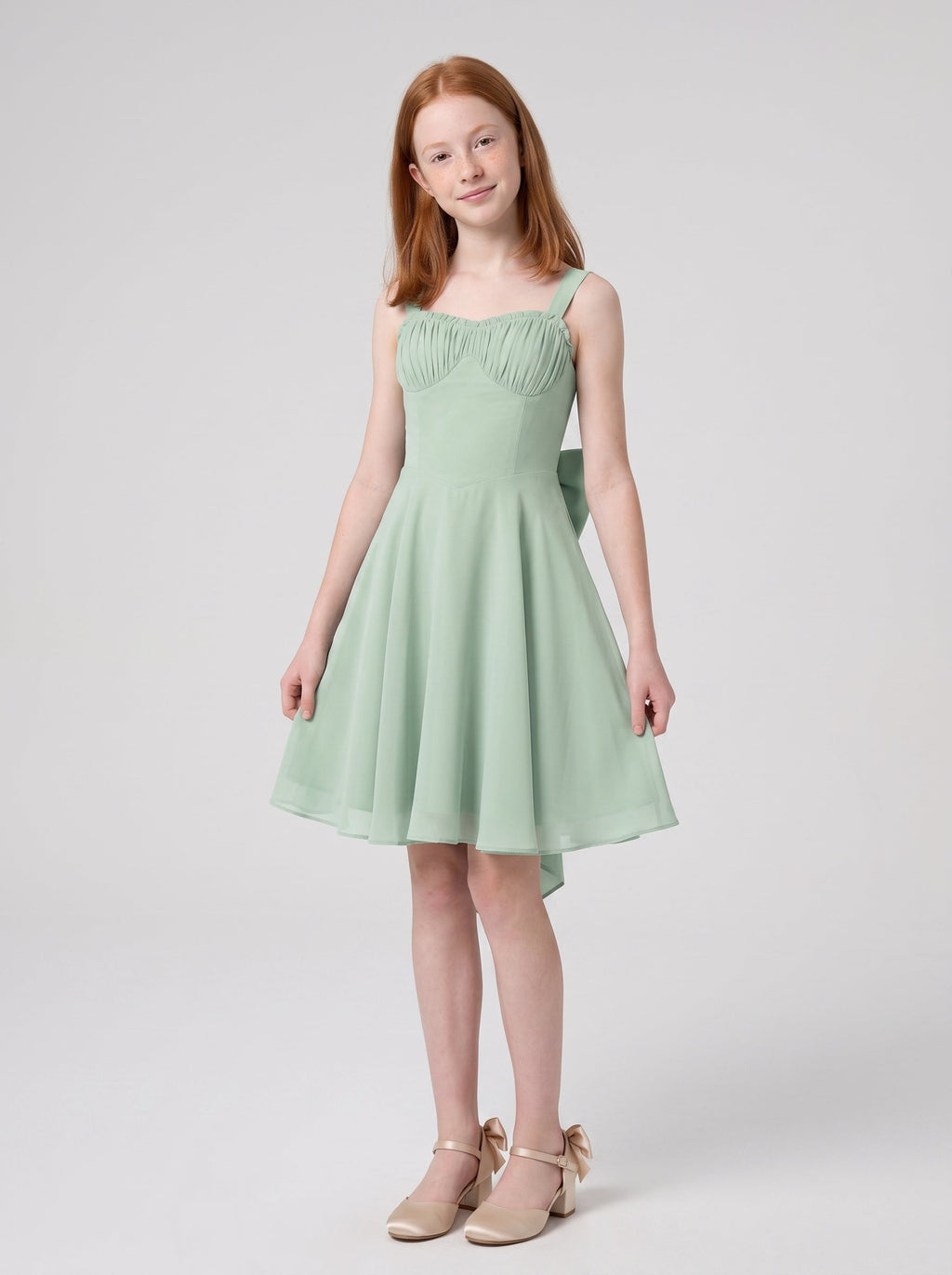 Dusty Sage Chiffon A-Line Straight Neck Bow Short Dress with Ruched Bodice - Curvevia