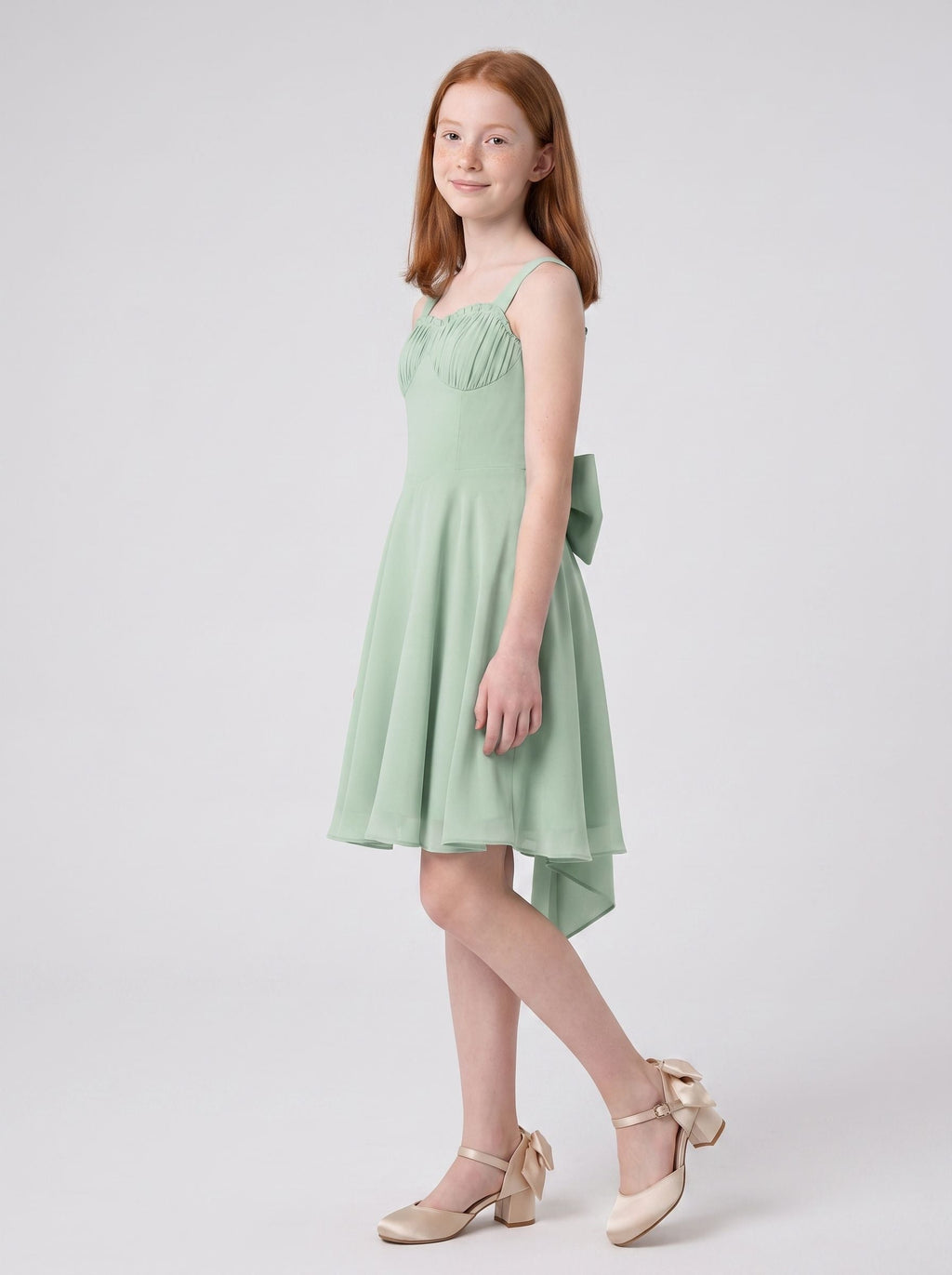 Dusty Sage Chiffon A-Line Straight Neck Bow Short Dress with Ruched Bodice - Curvevia