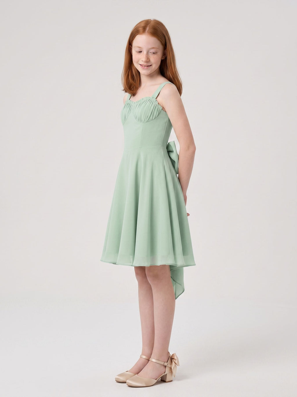 Dusty Sage Chiffon A-Line Straight Neck Bow Short Dress with Ruched Bodice - Curvevia