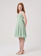 Dusty Sage Chiffon A-Line Straight Neck Bow Short Dress with Ruched Bodice - Curvevia