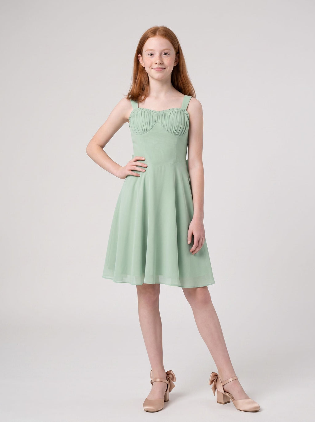 Dusty Sage Chiffon A-Line Straight Neck Bow Short Dress with Ruched Bodice - Curvevia