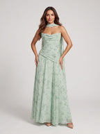 Dusty Sage Chiffon A-Line Sweetheart Lace-up Floor-Length Dress with Matching Scarf - Curvevia