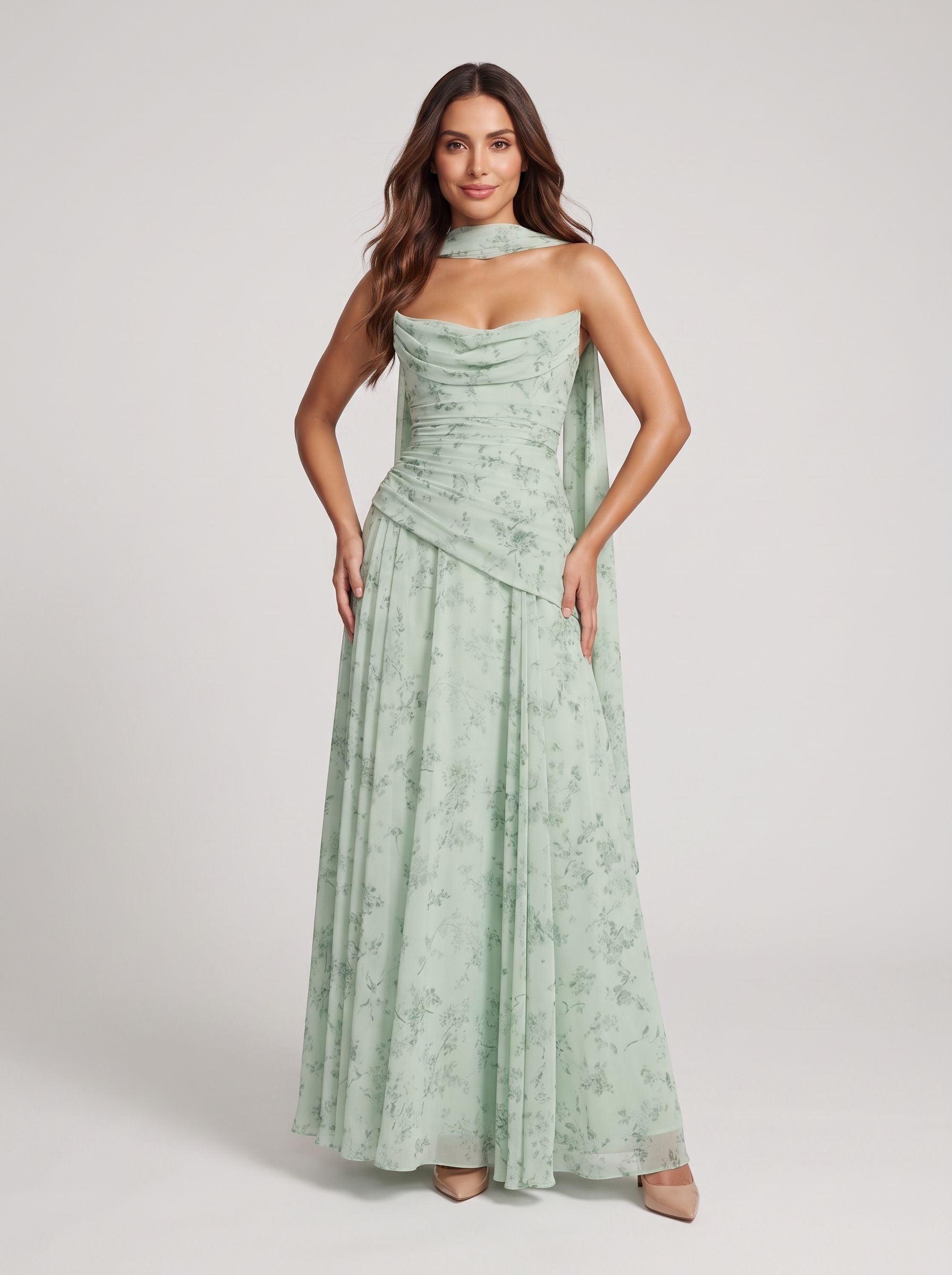 Dusty Sage Chiffon A-Line Sweetheart Lace-up Floor-Length Dress with Matching Scarf - Curvevia