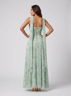 Dusty Sage Chiffon A-Line Sweetheart Lace-up Floor-Length Dress with Matching Scarf - Curvevia