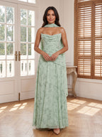 Dusty Sage Chiffon A-Line Sweetheart Lace-up Floor-Length Dress with Matching Scarf - Curvevia
