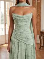 Dusty Sage Chiffon A-Line Sweetheart Lace-up Floor-Length Dress with Matching Scarf - Curvevia