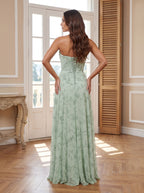 Dusty Sage Chiffon A-Line Sweetheart Lace-up Floor-Length Dress with Matching Scarf - Curvevia