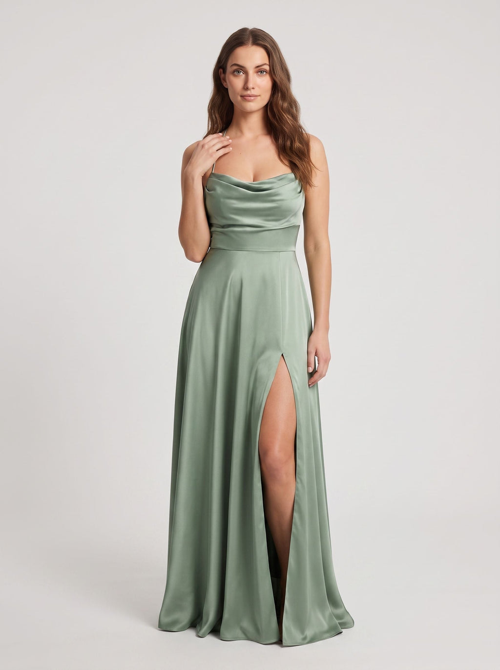 Dusty Sage Satin A-Line Straight Neck Corset Back Floor-Length Dress with a High Slit - Curvevia