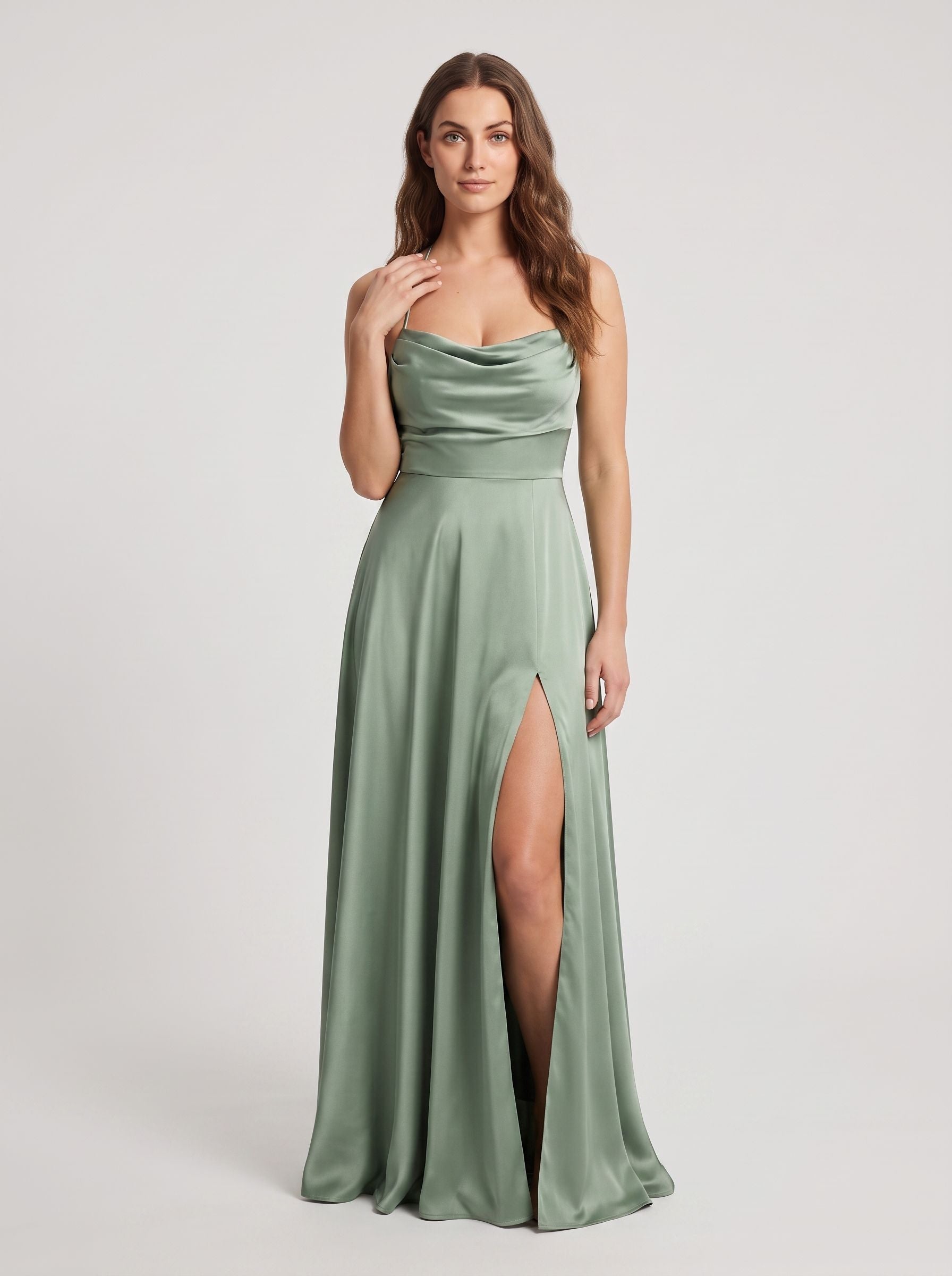 Dusty Sage Satin A-Line Straight Neck Corset Back Floor-Length Dress with a High Slit - Curvevia