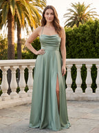 Dusty Sage Satin A-Line Straight Neck Corset Back Floor-Length Dress with a High Slit - Curvevia