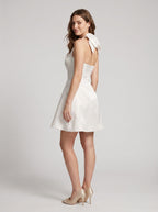 Ivory Satin A-Line Halter neckline Back Zip Short Dress with Pleated Bodice - Curvevia