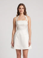 Ivory Satin A-Line Halter neckline Back Zip Short Dress with Pleated Bodice - Curvevia