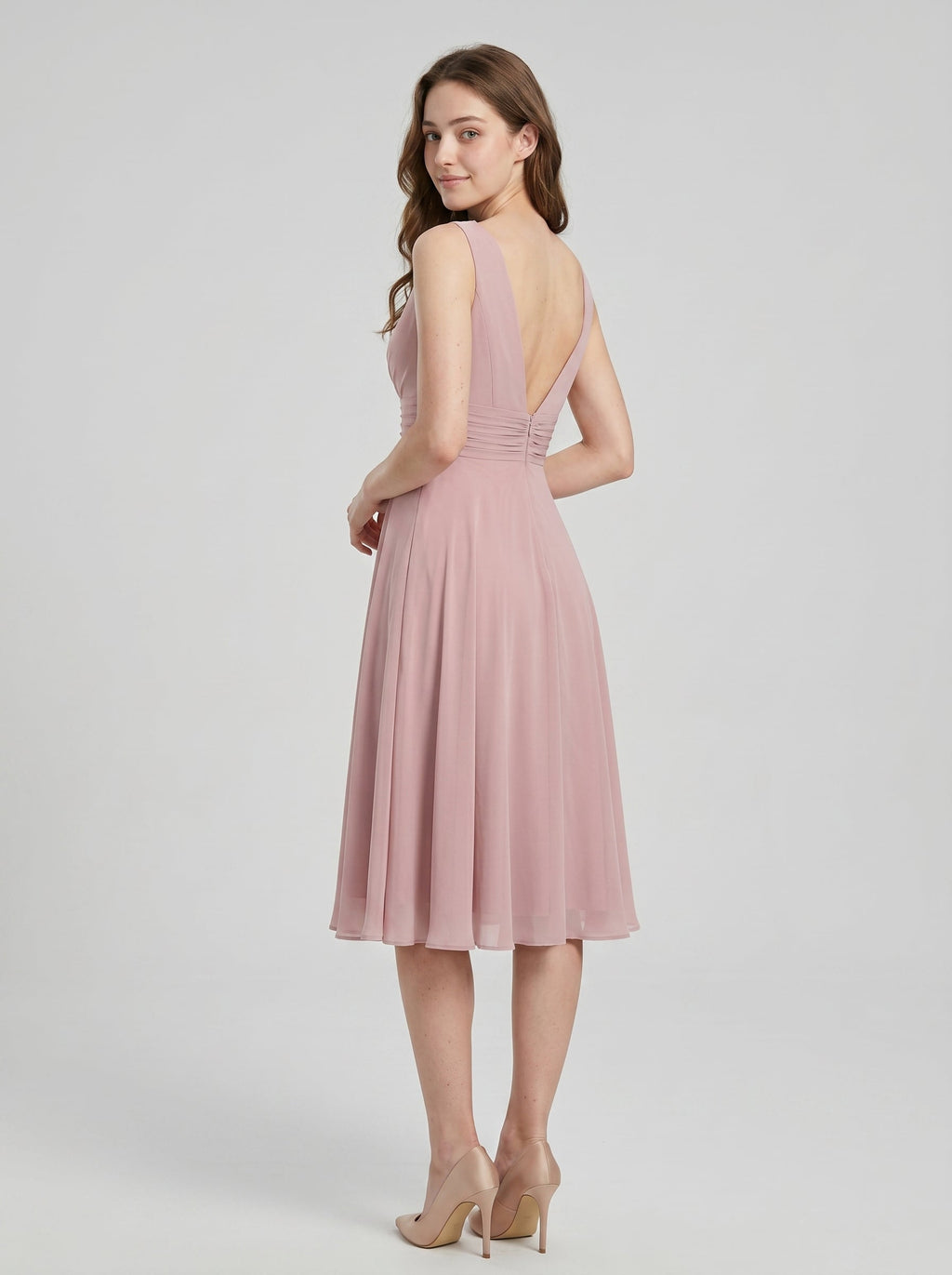 Coquette Dusty Rose Chiffon A-Line V-Neck V-Back with Knee-Length Bridesmaid Dress - Curvevia