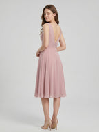 Coquette Dusty Rose Chiffon A-Line V-Neck V-Back with Knee-Length Bridesmaid Dress - Curvevia