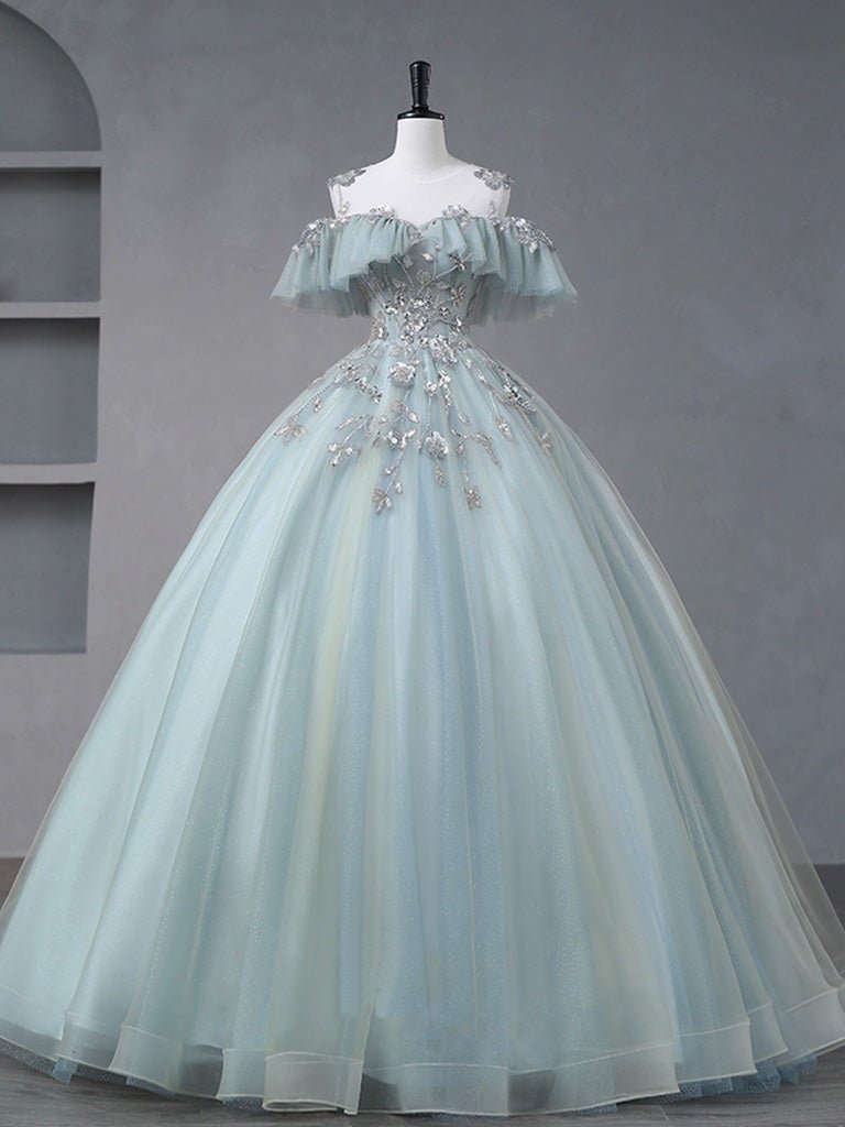 A-Line Blue Tulle sequin Lace Long Lace Sweet Quinceanera Dress - Curvevia