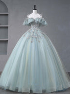 A-Line Blue Tulle sequin Lace Long Lace Sweet Quinceanera Dress - Curvevia