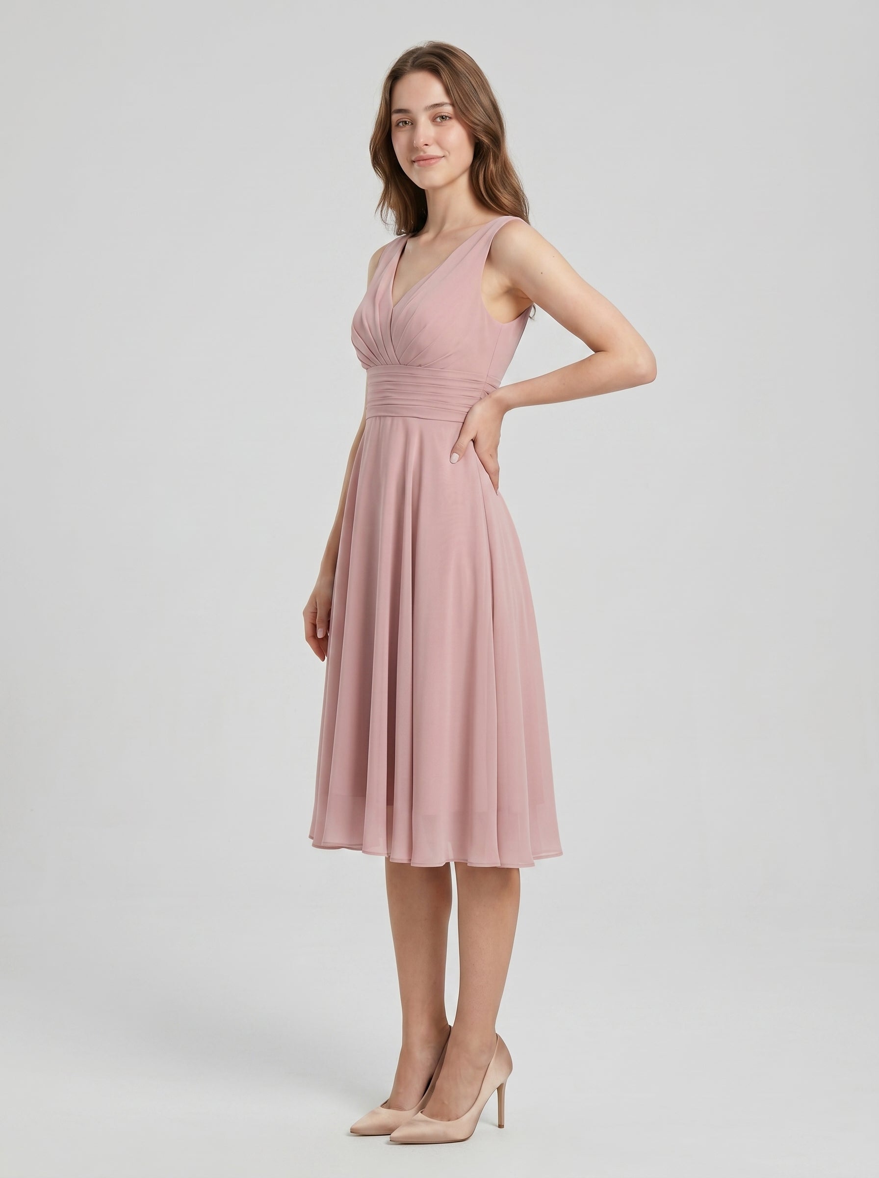 Coquette Dusty Rose Chiffon A-Line V-Neck V-Back with Knee-Length Bridesmaid Dress - Curvevia