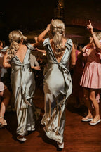 Sheath V Neck Sage Green Silk Satin Bridesmaid Dress with Bow - Curvevia