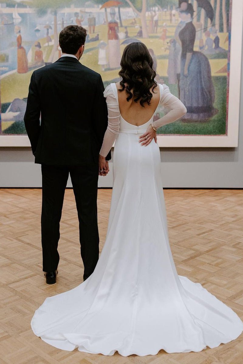 Square Neck Long Sleeves White Satin Wedding Dresses - Curvevia