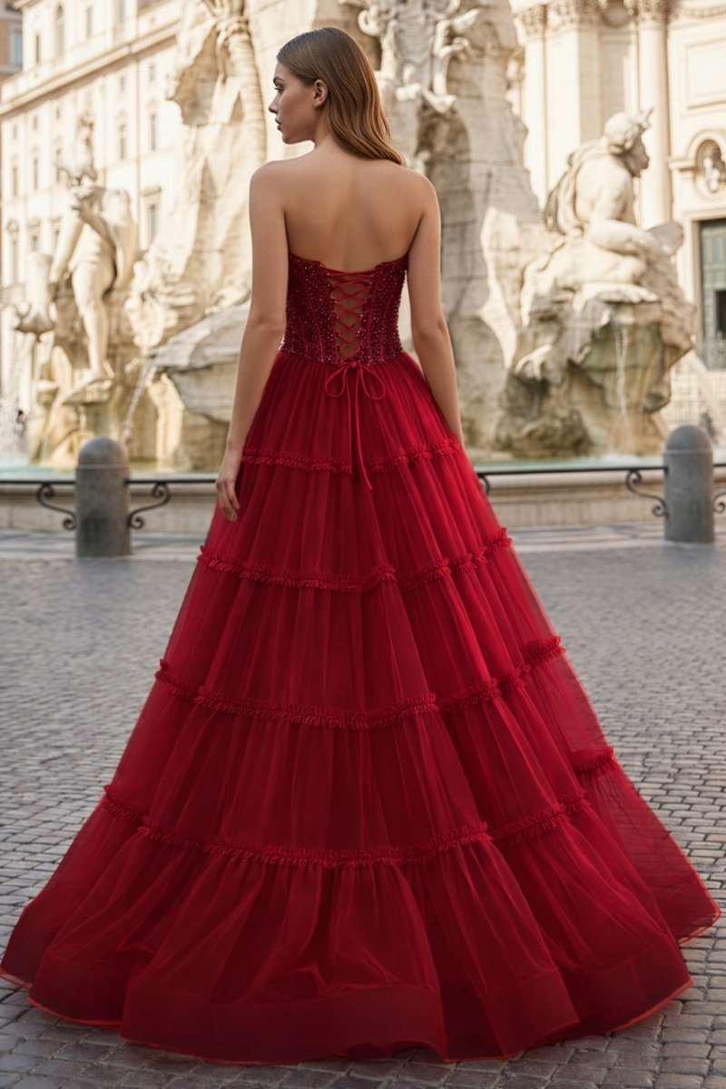 Sweetheart Fuchsia Beaded Ruffles Tulle Mother of the Bride Dress - Curvevia
