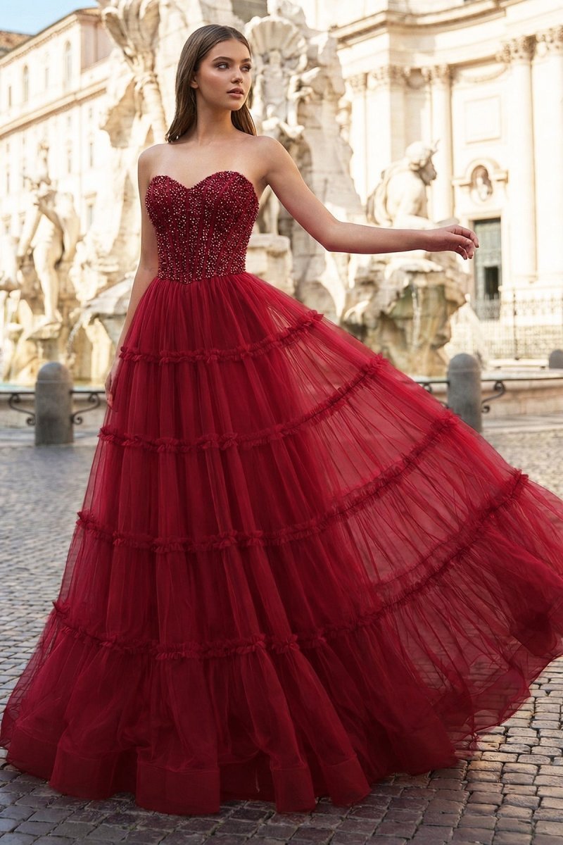 Sweetheart Fuchsia Beaded Ruffles Tulle Mother of the Bride Dress - Curvevia