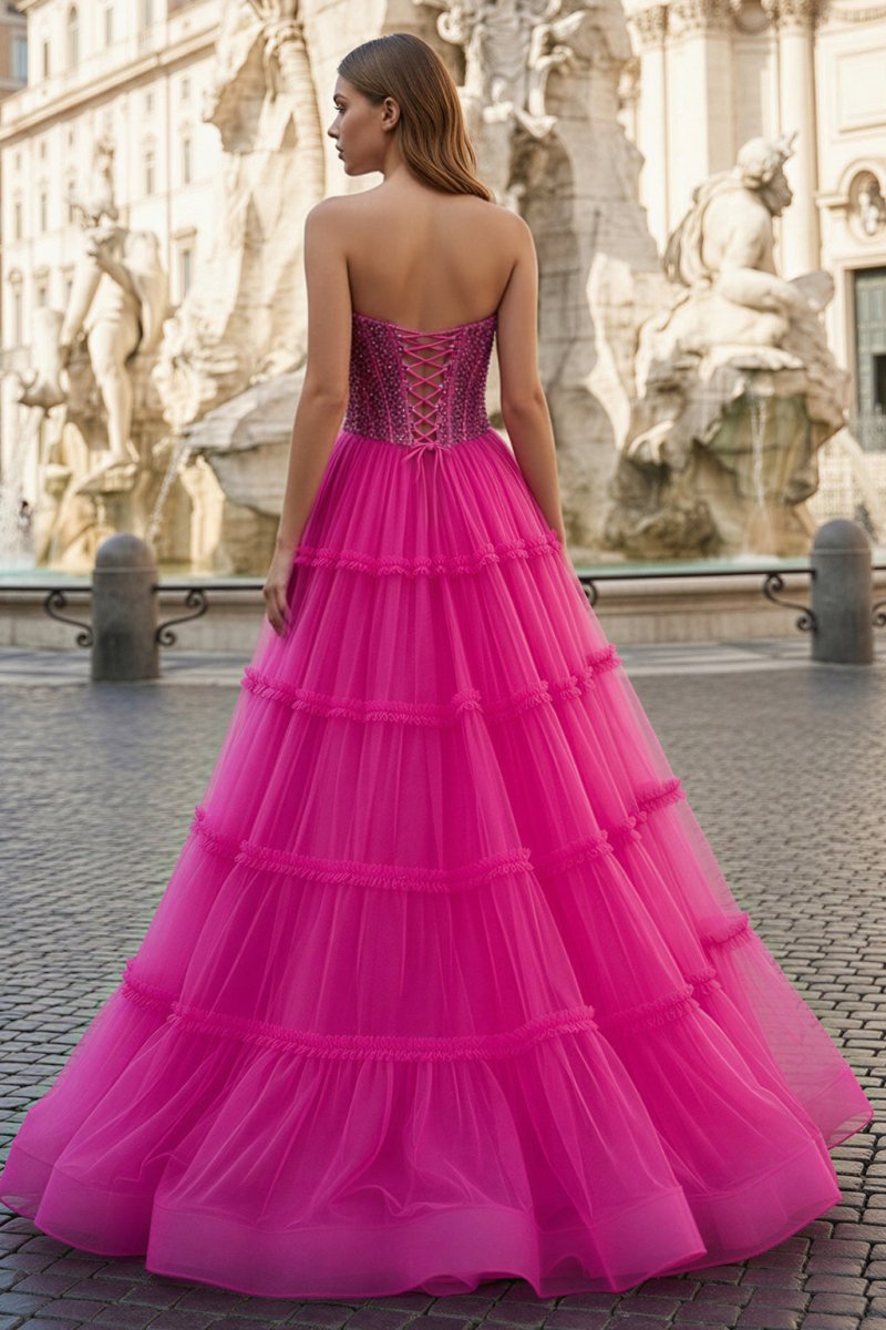 Sweetheart Fuchsia Beaded Ruffles Tulle Mother of the Bride Dress - Curvevia