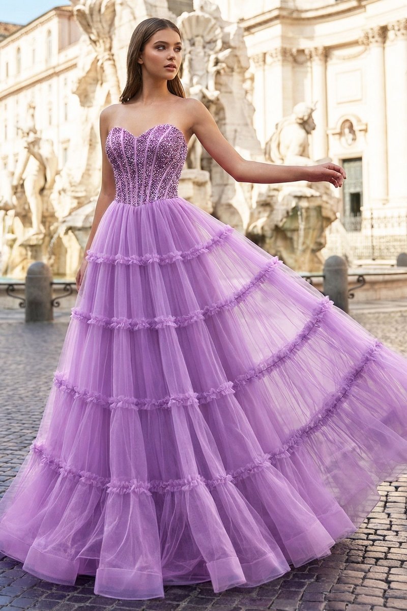 Sweetheart Fuchsia Beaded Ruffles Tulle Mother of the Bride Dress - Curvevia