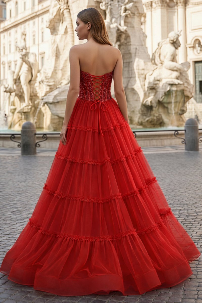 Sweetheart Fuchsia Beaded Ruffles Tulle Mother of the Bride Dress - Curvevia