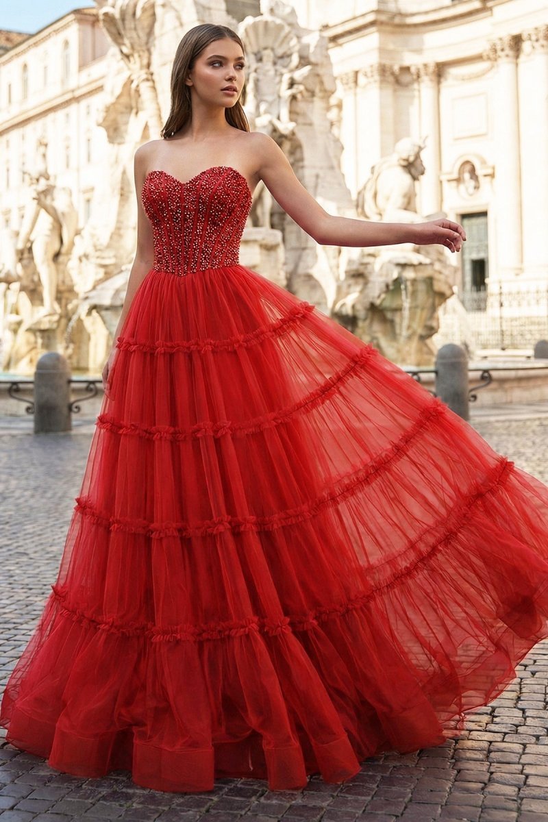 Sweetheart Fuchsia Beaded Ruffles Tulle Mother of the Bride Dress - Curvevia