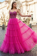Sweetheart Fuchsia Beaded Ruffles Tulle Mother of the Bride Dress - Curvevia
