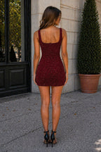 Glitter Sheath Square Neck Navy Blue Sequin Mini Homecoming Dresses With Slit - Curvevia