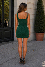 Glitter Sheath Square Neck Navy Blue Sequin Mini Homecoming Dresses With Slit - Curvevia