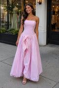 Pink Strapless A Line Satin Pleated Wedding Guest Dress With Slit - Curvevia