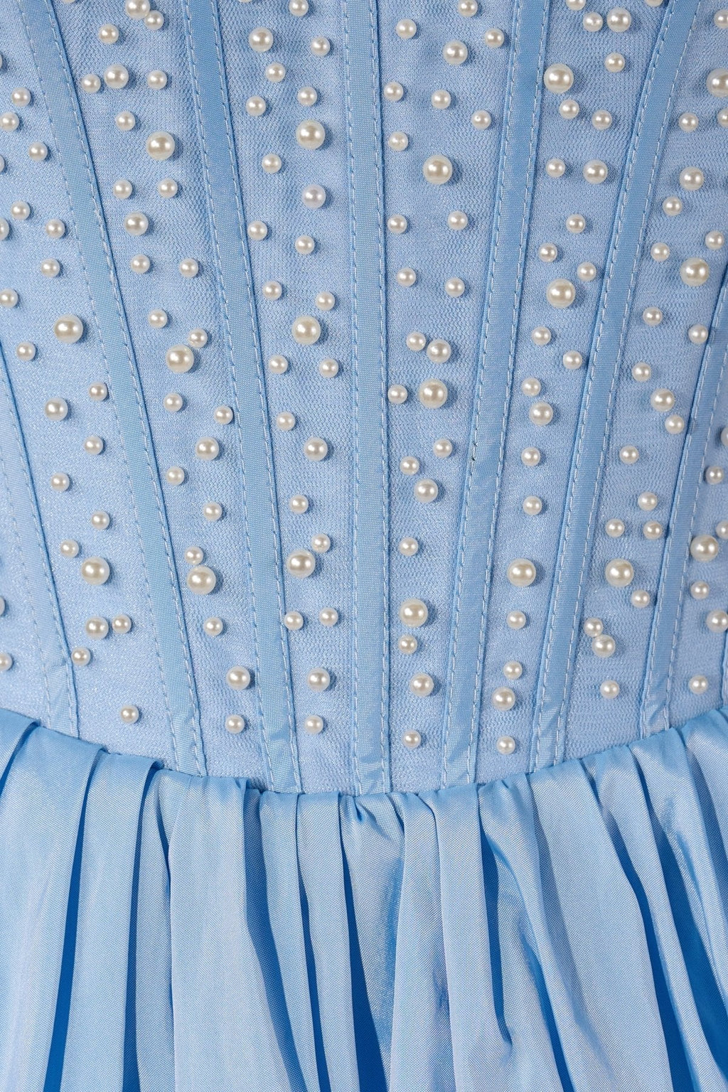 Sky Blue Strapless A Line Satin Ruffles Wedding Guest Dress With Pearls - Curvevia