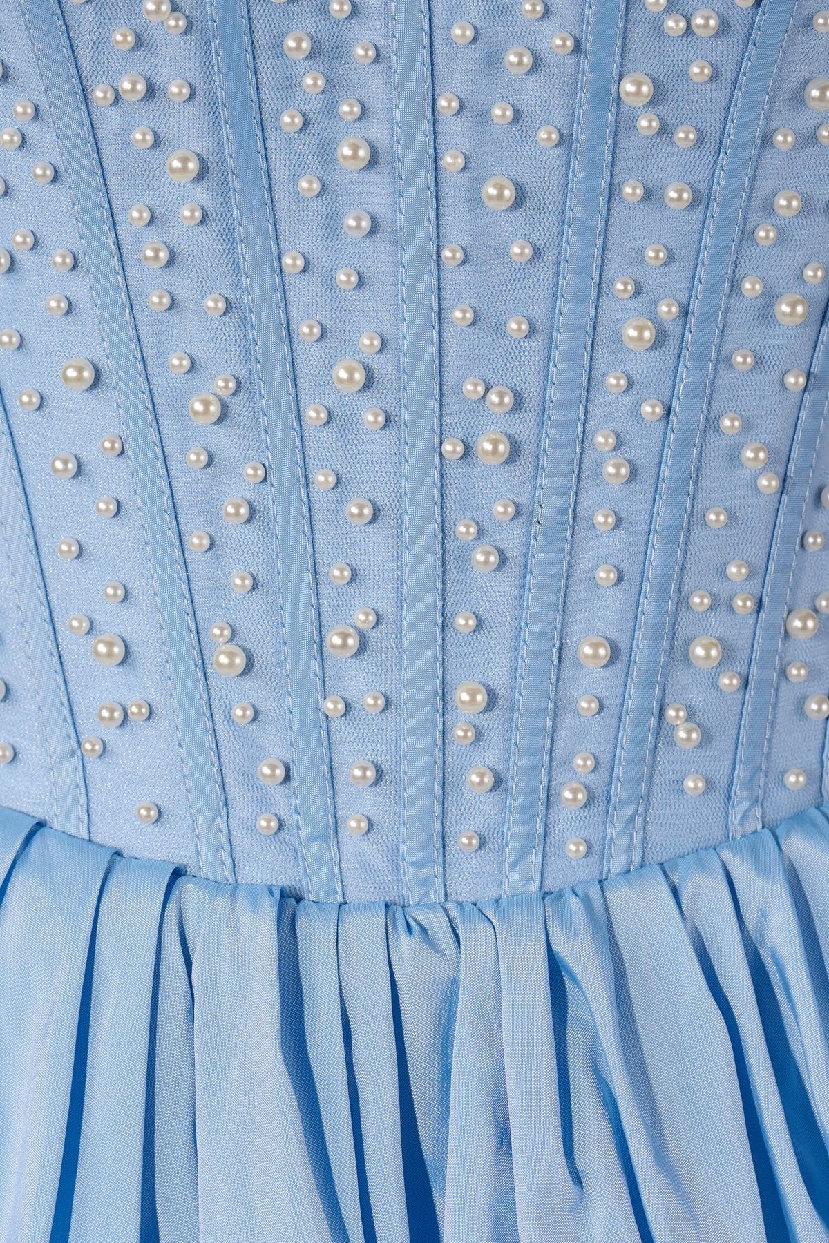 Sky Blue Strapless A Line Satin Ruffles Wedding Guest Dress With Pearls - Curvevia