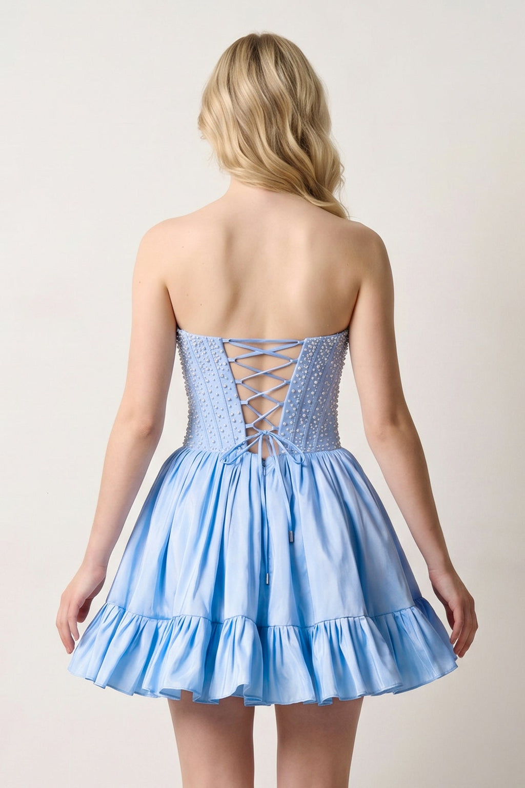 Sky Blue Strapless A Line Satin Ruffles Wedding Guest Dress With Pearls - Curvevia