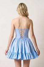 Sky Blue Strapless A Line Satin Ruffles Wedding Guest Dress With Pearls - Curvevia